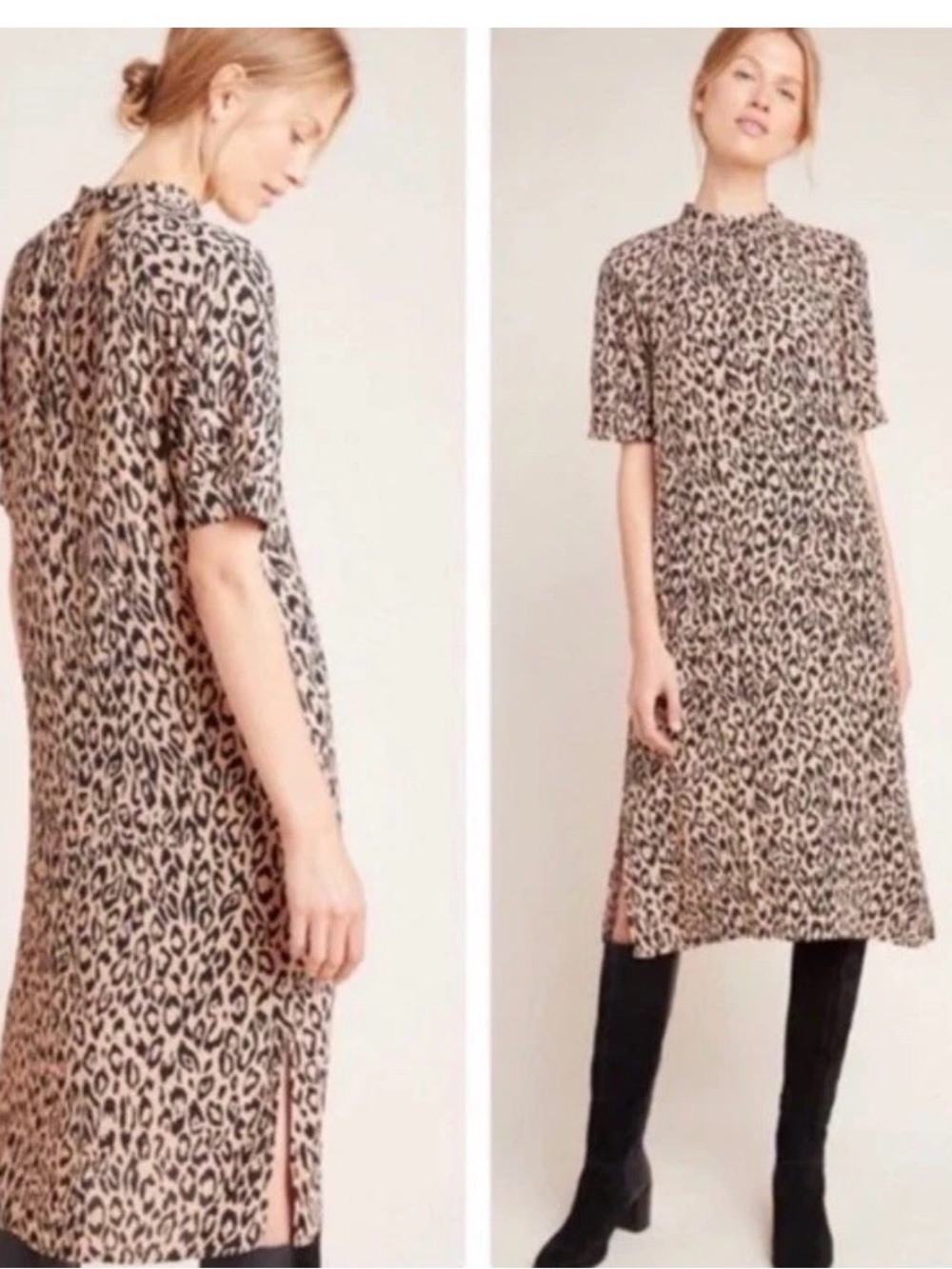 Anthropologie Mackenzie Mock Neck Tunic Dress Leopard Print Short Sleeve Midi xl